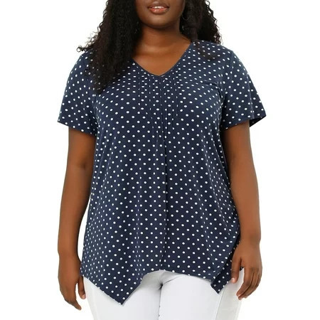 Unique Bargains Women's Plus Size T-shirt V Neck Short Sleeve Polka Dots Asymmetric Top | Walmart (US)