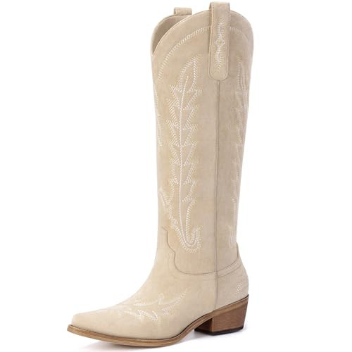 Rivalran Beige Suede Cowboy Boots for Women - Wide Calf Knee High Pointed Toe Chunky Heel Pull On Zipper Western Cowgirl Boots, Retro Country Vintage Fashion Tall Boots US Size 5 | Amazon (US)