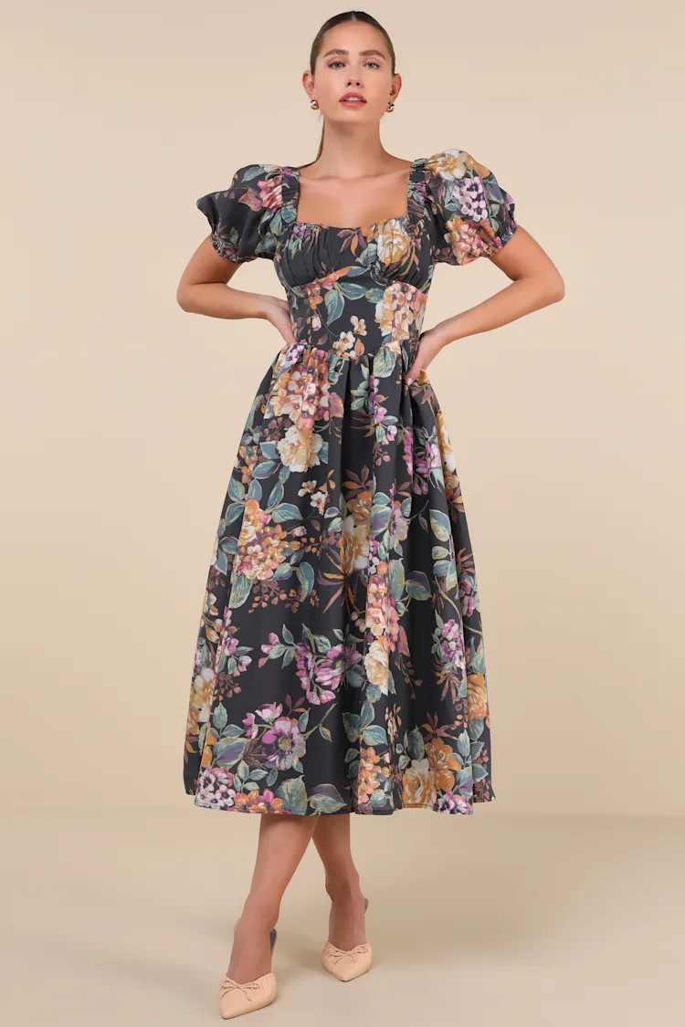 Adorable Tendencies Dark Grey Floral Puff Sleeve Midi Dress | Lulus