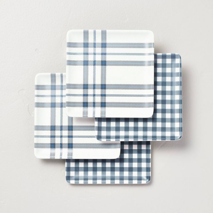 4pk Gingham & Plaid Bamboo-Melamine Appetizer Plates Blue/Gray/Cream - Hearth & Hand™ with Magn... | Target