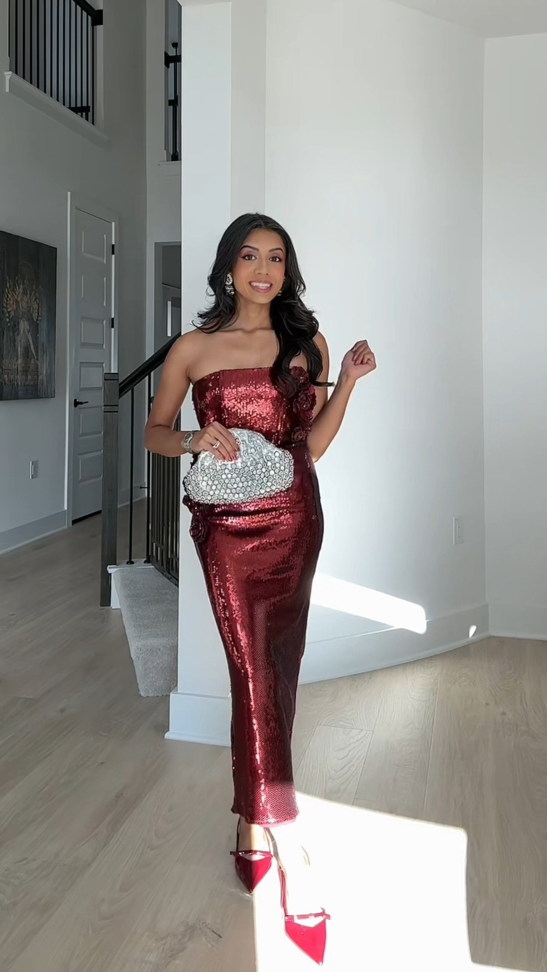 Red sequin midi dress from meshki that’s perfect for any special occasion and petite friendly. I’m wearing size XS. Paired it with silver sparkly accessories for even more glam. 

#LTKHoliday #LTKPetite #LTKgrwm