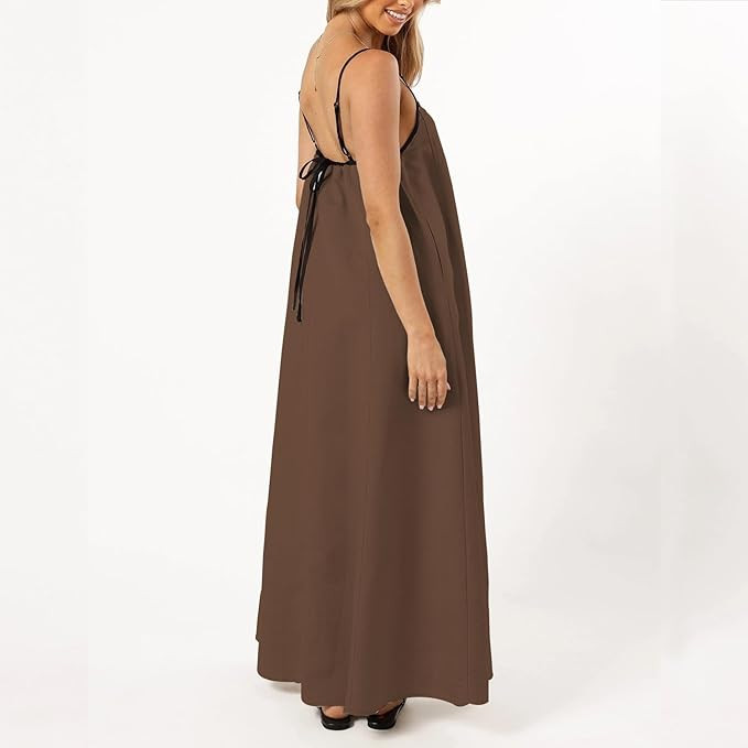 Senllen Women's Linen Dress Summer Loose Flowy Sundress Contrast Spaghetti Strap Sleeveless Backl... | Amazon (US)