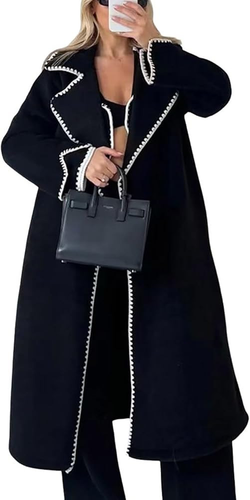 utcoco Women's Winter Embroidered Trim Wool Coats Notched Lapel Trench Coat Wool Blend Pea Coat O... | Amazon (US)