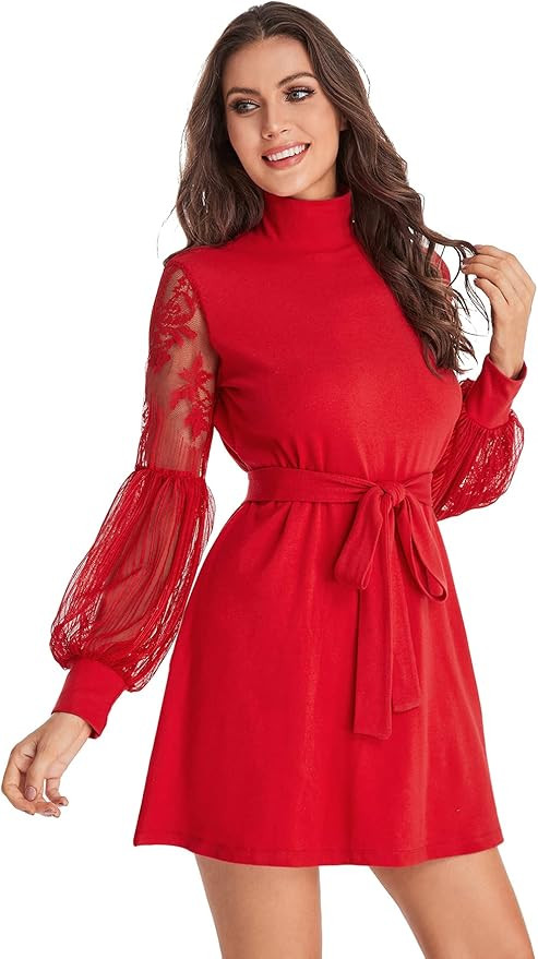 Romwe Women's Mesh Bishop Sleeve Mock Neck Solid Tunic Elegant Short Dress | Amazon (US)