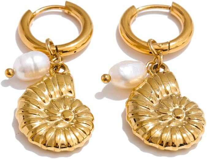Starfish Earrings for Women: Gold Seashell Drop Hoop with Pearl Charm Ocean Vacation Dangle Huggi... | Amazon (US)