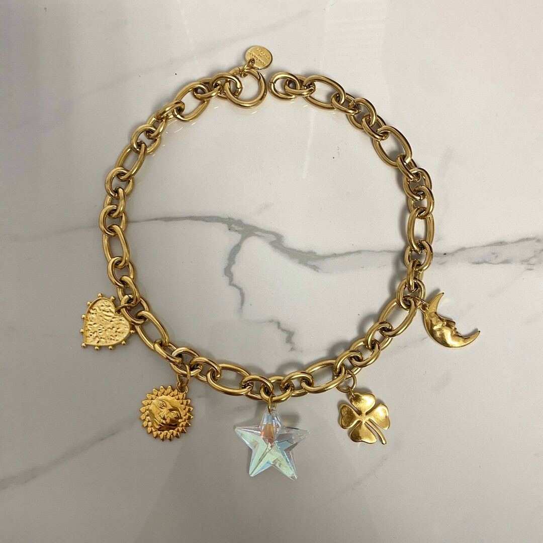 Charms Necklace, Multi Charm Necklace, Gold Tone Chunky Necklace, Y2k, 90s Style Jewelry, Gift fo... | Etsy (US)