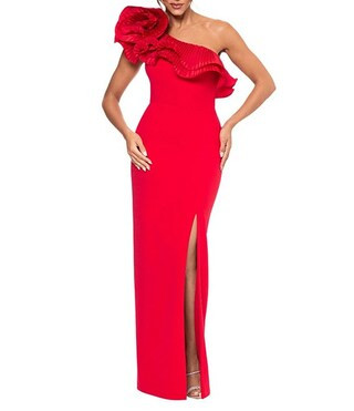 Xscape Scuba Crepe One Shoulder Asymmetrical Ruffle Sheath Dress | Dillard's | Dillard's