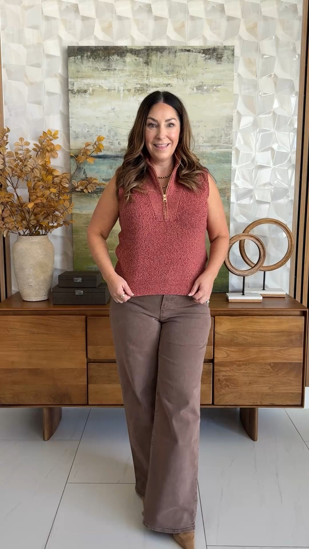 This rust sweater vest is the fall transition piece I didn't know I needed. 🍁 Wear it alone now, layer it later, and brown wide legs make it an instant outfit.
📏Wearing top tts, L | Pants, 31

#LTKSeasonal #LTKOver40 #LTKMidsize