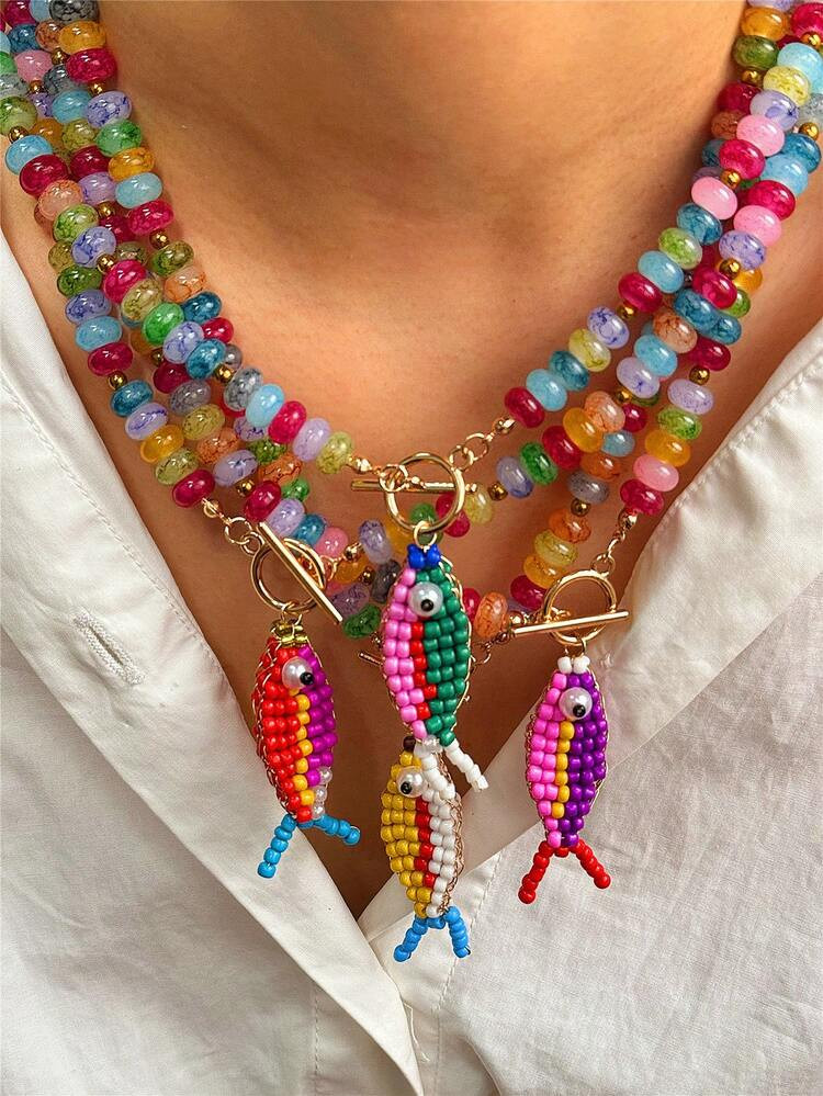 1pc Bohemian Colorful Dopamine Beaded DoubleSided Pearl Woven Fish Pendant Necklace, Summer Casual Ocean Element Beaded Necklace, Suitable For Women Daily & Vacation | SHEIN USA | SHEIN