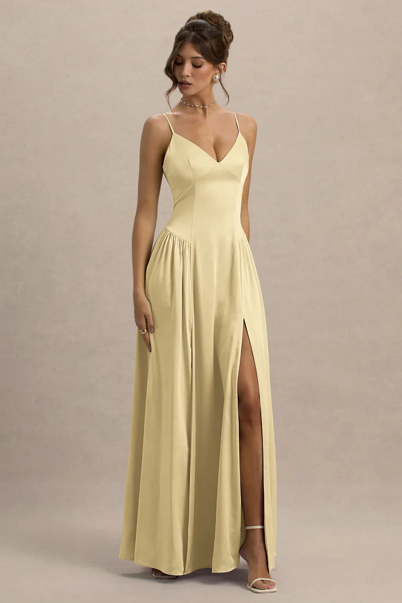Jonas | Lemon Plunge-Neck Maxi Dress With Cami Straps | Club L London