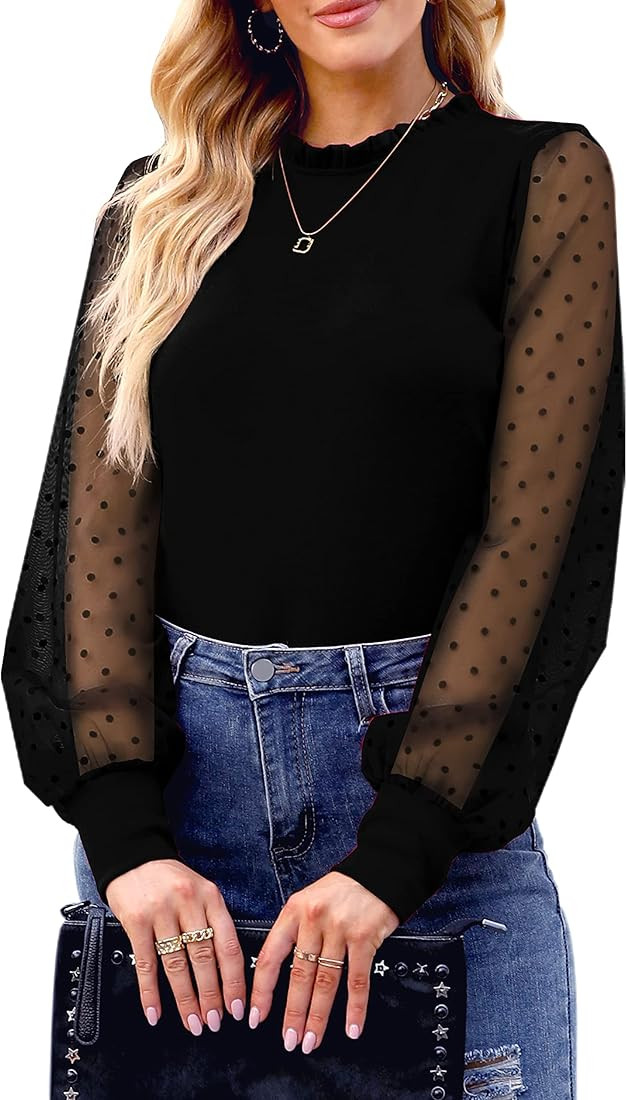 IFJIM Women's Casual Dressy Top Sheer Mesh Polka Dot Long Sleeve Shirt Mock Neck Elegant Blouse | Amazon (US)
