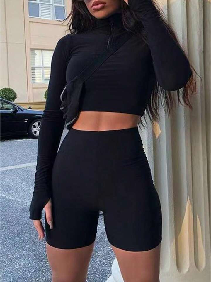 SHEIN SXY Women's Thumb Hole Cropped Top And Shorts Two Piece Set | SHEIN