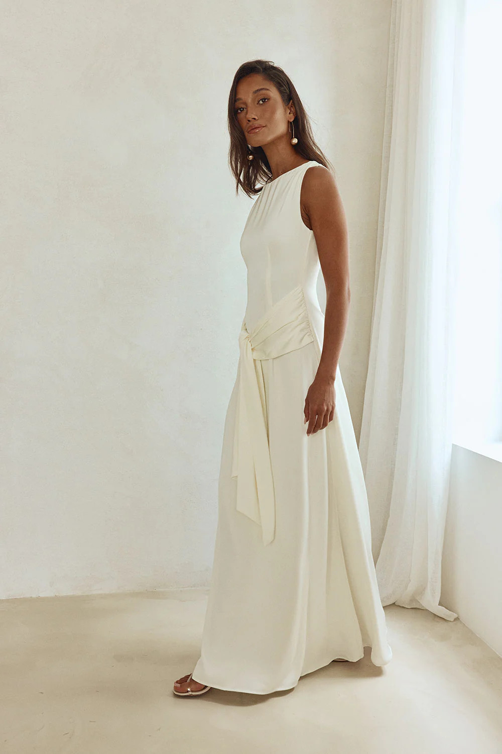 Bridal Ivory Silky Boat Neck Maxi Mylo Dress | Sabo Skirt US