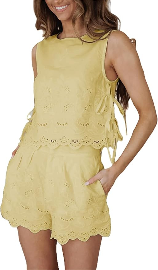 Yuemengxuan Women Tie Side Tank Top Shorts 2 Piece Outfits Set Sleeveless Floral Embroidered Crop... | Amazon (US)