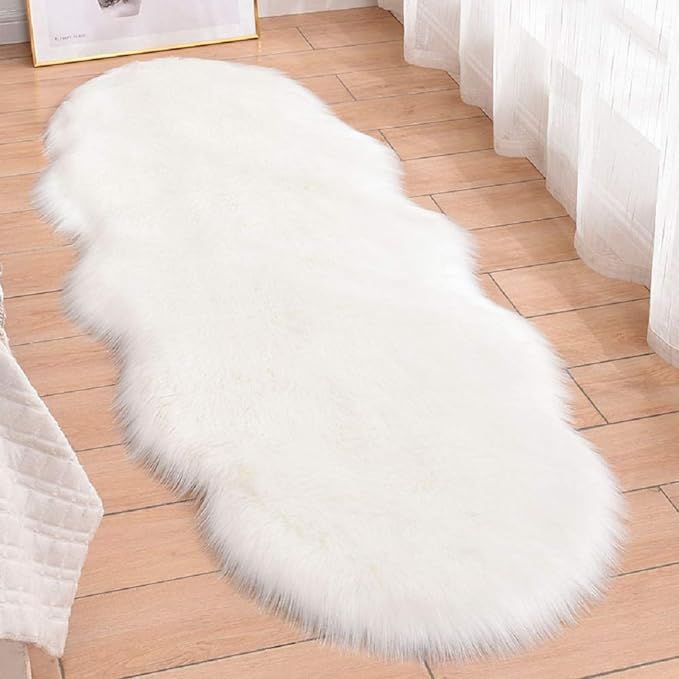 HEBE Faux Fur Rug Sheepskin Rug Runner 2 x 5 Ft Sheep Skin Chair Couch Cover White Irregular Area... | Amazon (US)