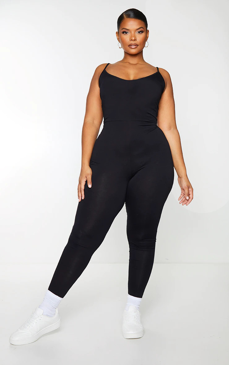 Plus Black Basic Strappy Plunge Jumpsuit | PrettyLittleThing US