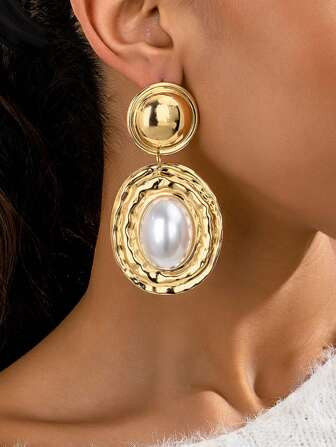 Search 1 Pair Geometric Pattern Oval Shape Inlaid Oval Pearl Drop Earrings, Vintage Elegant Style... | SHEIN