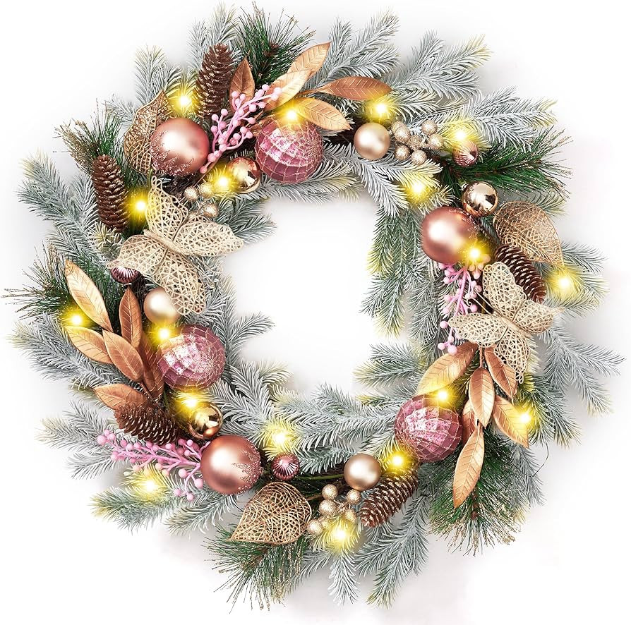 DecorbyHannah 24'' Pre-Lit Christmas Wreath for Front Door with Lights, Large Pink Lighted Christ... | Amazon (US)