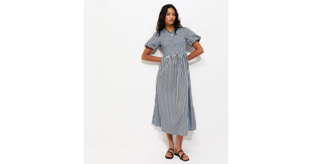 Blue Cotton Striped Shirred Midi Dress | New Look | New Look (UK)
