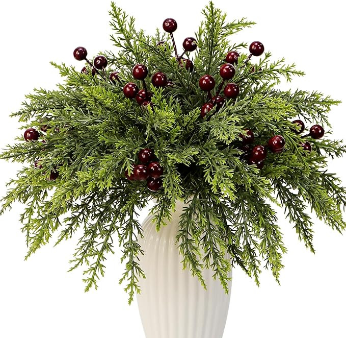 40PCS Christmas Artificial Pine Branches Holly Berry Stems Winter Greenery Realistic Cedar Pine T... | Amazon (US)
