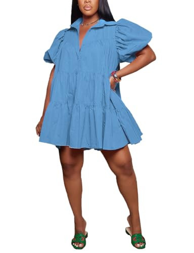 WOKANSE Women's Cute Babydoll Dresses Casual Puff Short Sleeve Ruffle Hem V Neck Loose Summer Tun... | Amazon (US)