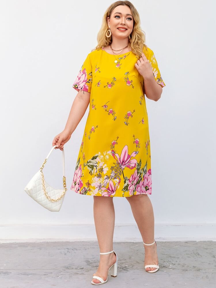 SHEIN Plus Round Neck Floral Print Dress | SHEIN