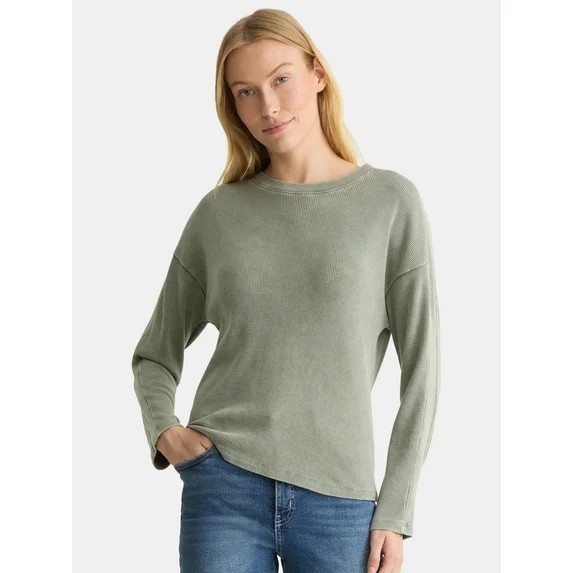 Time and Tru Women's Boxy Thermal Tee with Long Sleeves, Sizes XS-XXXL | Walmart (US)