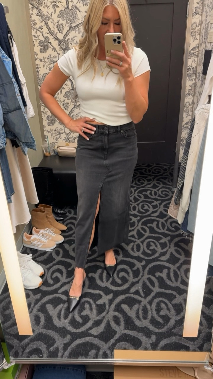 Madewell denim skirt tts
Cropped white T-shirt 
NSale 
Nordstrom Sale 
Heels 


#LTKStyleTip #LTKxNSale #LTKFindsUnder50
