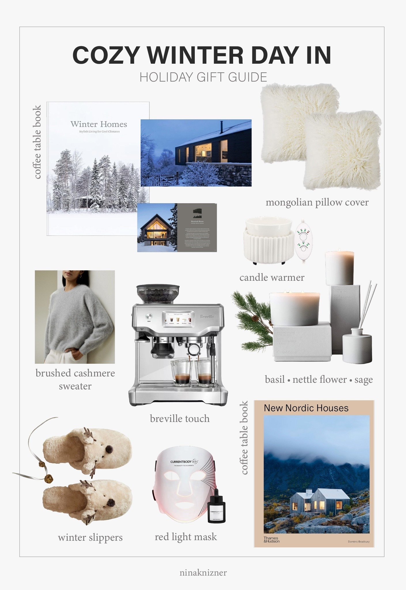 Gifts for hibernating during the dark winter days…

I love a beautiful coffee table book and obsessed with candles. Linking two of my favorite architectural books and a basil candle from Crate &Barrel that I burned throughout all winter last year. It’s so fresh and wintery. 

Including my favorite cashmere sweater by Lilysilk, it’s the softest material I ever touched, and makes for a stunning gift. It’s so perfect for an elevated day at home.

This is the red light mask I’ve used for the past few months, and it’s become a part of my weekly routine.

- Amazon Winter Homes Book 
- Quince Mongolian Fur Pillow Cover 
- Lilysilk Brushed Cashmere Sweater 
- Breville Touch Espresso Maker 
- Crate & Barrel Monochrome Basil Candle 
- Pottery Barn Reindeer Slippers 
- Currentbody Red Light LED Mask
- Amazon New Nordic Homes Coffee Table Book


#cozy #christmas #christmasgifts #holiday #holidaygift #homedecor #mongolianpillow #fur #mongolianfur #cashmere #cashmeresweater #sweater #slippers #book #coffeetablebook #architecture #winter #wintercandle #nordic #basil #evergreen #espressomaker #coffee #redlightmask #ledmasm


#LTKSeasonal #LTKHoliday #LTKGiftGuide