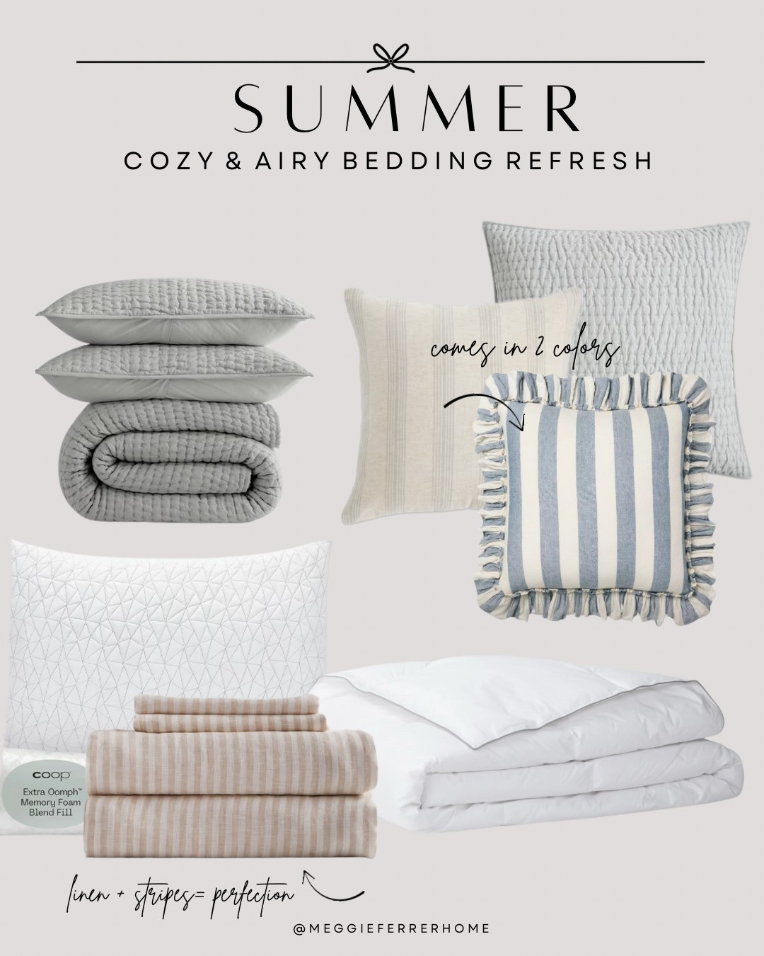 Light, breathable, and oh-so-cozy 🤍 This summer bedding refresh has all my favorite textures—from soft linen stripes to quilted layers that keep things airy but plush. I’m especially obsessed with those ruffle pillows (they come in two colors!) and the striped sheet set that feels like a dream 💤

Everything’s linked for you below! ⬇️ 


#modernorganic #cozybedroom #beddingrefresh #neutralhome #ltkhome


#LTKFindsUnder50 #LTKHome #LTKFindsUnder100