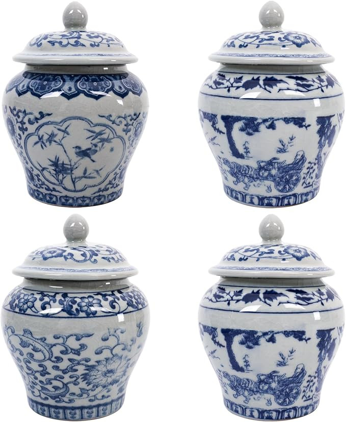 Set of 4 Small Blue and White Vase Porcelain Vases Blue Chinoiserie Vase Decor Porcelain Ginger J... | Amazon (US)
