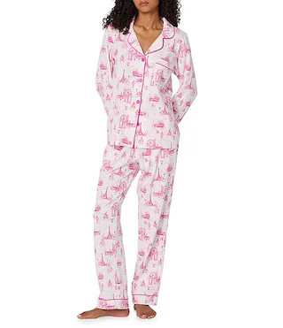 Travel Toile Print Long Sleeve Notch Collar Knit Long Pajama Set | Dillard's