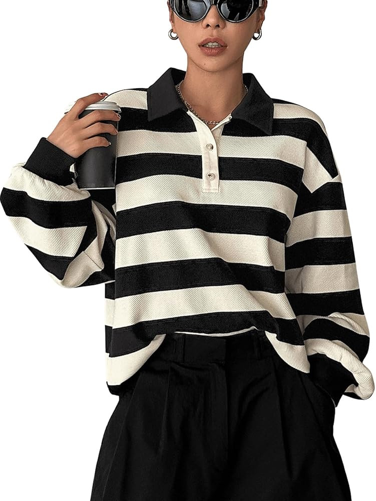 GORGLITTER Women's Striped Sweatshirt Color Block Button Long Sleeve Collar Neck Pullover Tops | Amazon (US)