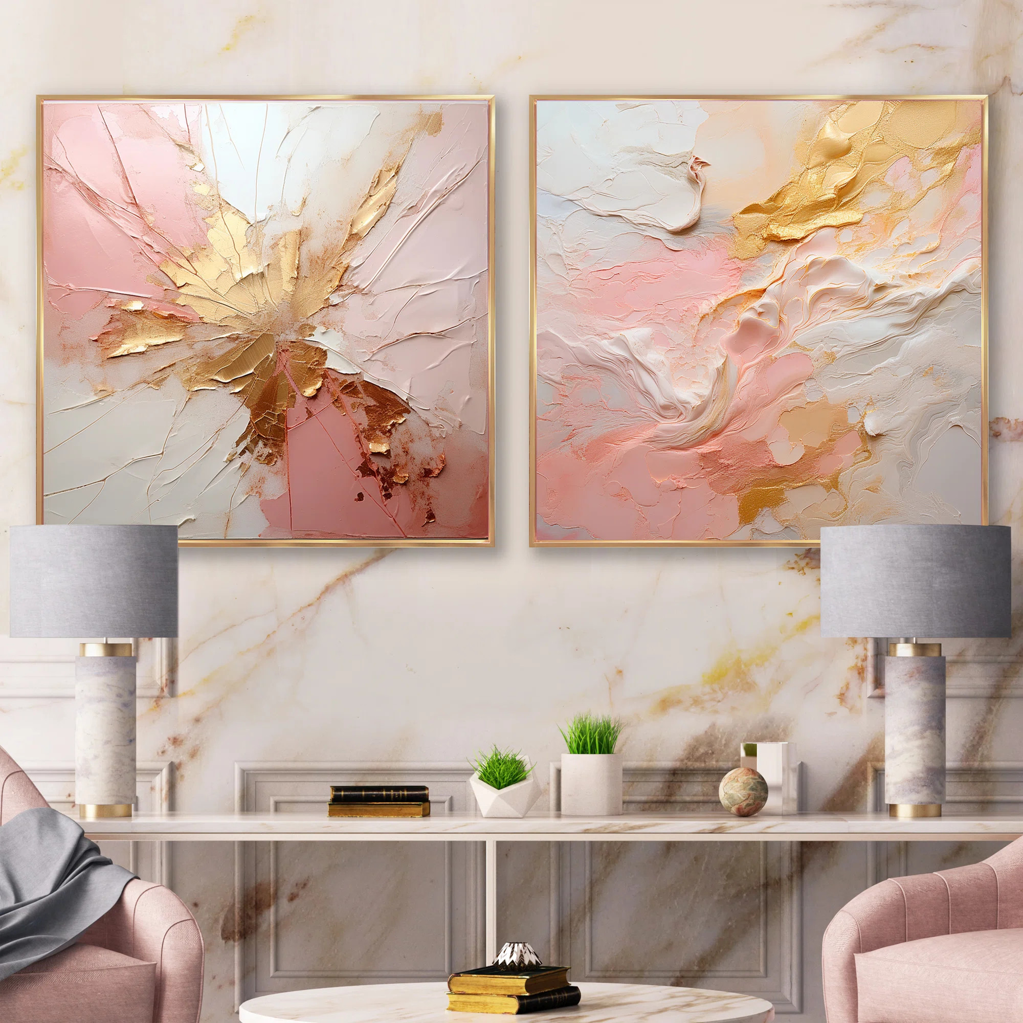 Gold And Pink Paint Fusion - Abstract Painting Square Collage Set Of 2 | Wayfair North America