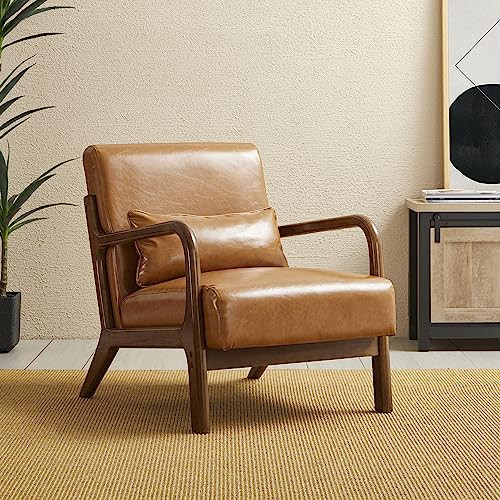 Glitzhome 30" H Mid Century Yellowish Brown Accent Armchair, Single Reading Sofa, PU Leather Lounge Chair with Walnut Ruberwood Frame for Livingroom or Office | Amazon (US)