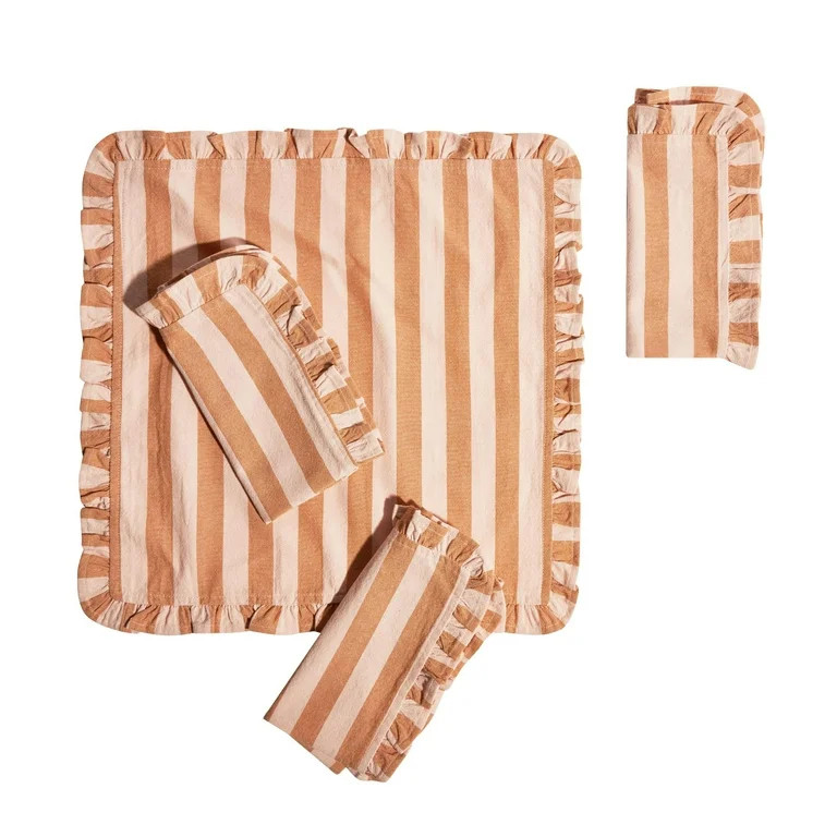 Beautiful Ruffle Stripe 4-Piece Napkin Set by Drew Barrymore, Coral Rose, 19"W x 19"L | Walmart (US)