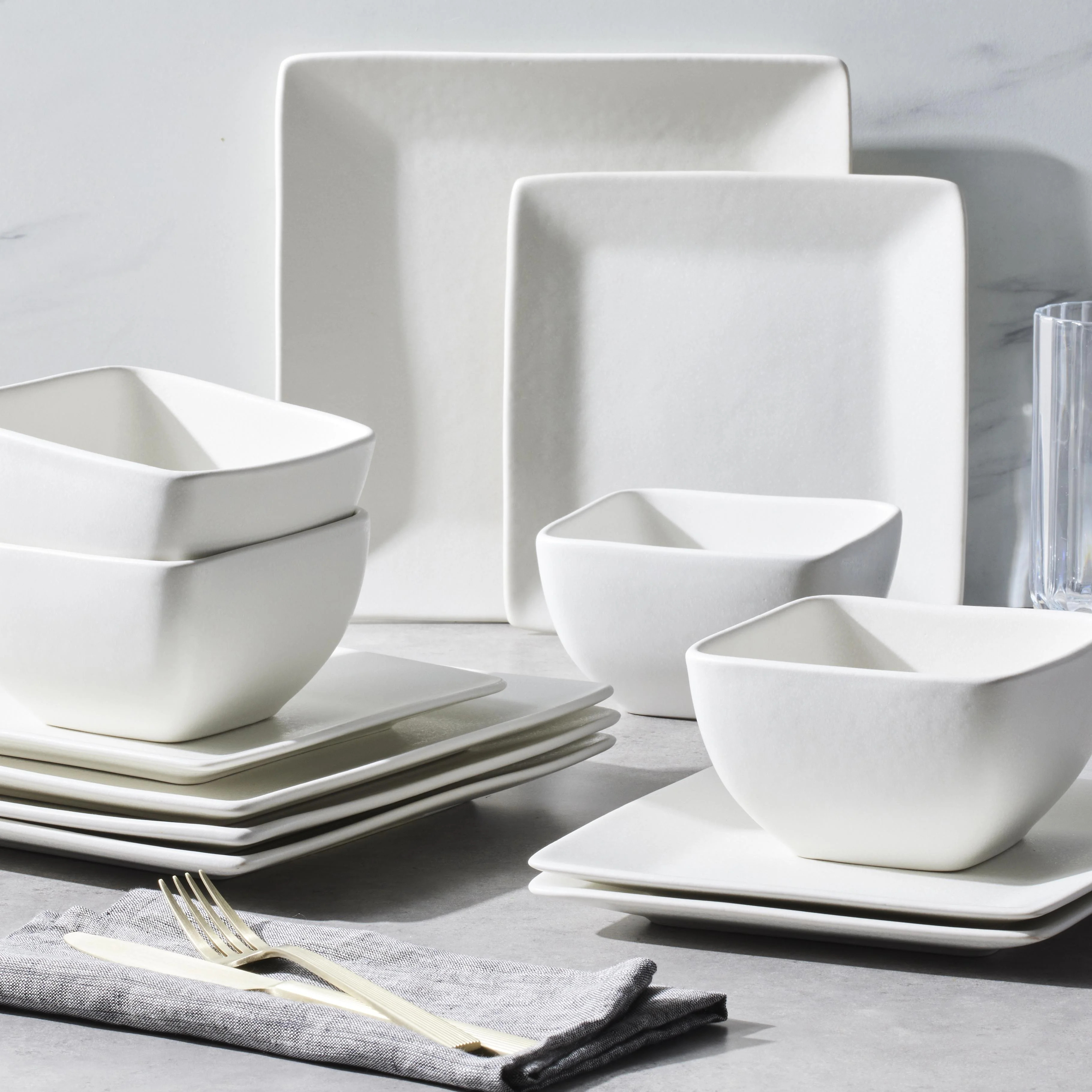 Better Homes & Gardens-Cream Square Stoneware 12-Piece Dinnerware Set | Walmart (US)