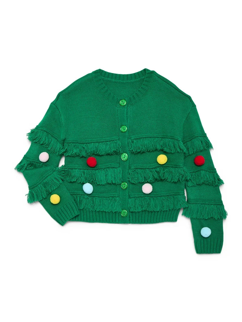 Holiday Time Girls Fringe Cardigan Sweater with 3D Trim, Sizes 4-18 & Plus | Walmart (US)