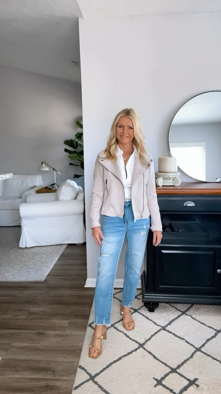 Fall in love with layers 🍂 This khaki Moto jacket paired with a crisp white shirt, slim jeans, and studded heels is giving chic, effortless vibes. The perfect blend of edgy and classic for those crisp autumn days. 🍁 wearing small jacket/size 4 jeans/small shirt 

#FallFashion #ChicVibes #EffortlessStyle #jeans #jacket #falloutfit #amazonfashion #DateNightOutfits #amazonfinds #casualoutfits 

#LTKStyleTip #LTKFindsUnder50 #LTKVideo