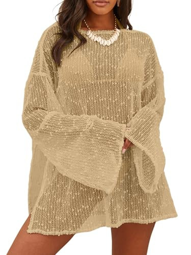 Lilosy Sexy Crochet Sheer Kaftan Caftan Beach Dress Bathing Suit Swim Coverup One Piece Women Knit See Through Swimsuit Bikini Swimwear Cover up Khaki Small | Amazon (US)