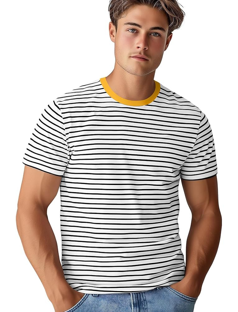 Zengjo Mens Striped T Shirt Short/Long Sleeve Crewneck Tee | Amazon (US)