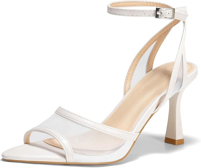 Coutgo Womens Mesh Kitten Heels Sandals Pointed Open Toe Ankle Buckle Strap Summer Dress Shoes | Amazon (US)