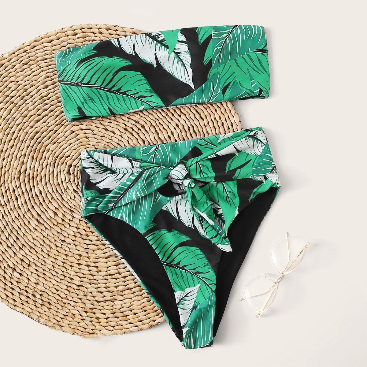 Tropical Tie Front Bandeau High Waisted Bikini Swimsuit | SHEIN