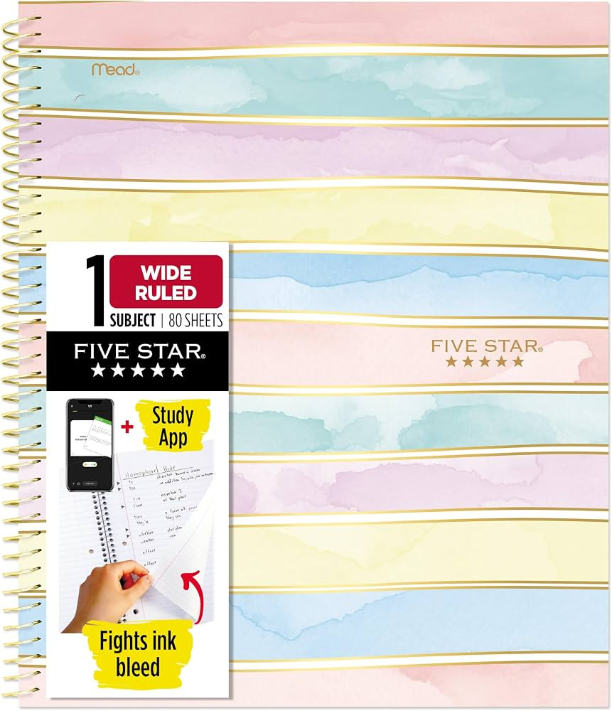 Five Star Spiral Notebook + Study App, 1 Subject, Wide Ruled, 8" x 10-1/2", 80 Sheets, Fights Ink Bleed, Water Resistant Cover, Pastel Stripes (930209F-ECM) | Amazon (US)