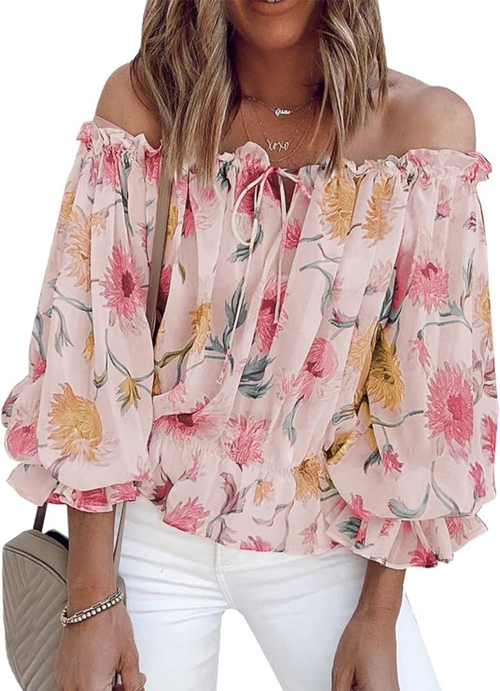 BLENCOT Summer Off The Shoulder Tops for Women Boho Floral Print Ruffle Sleeve Blouses | Amazon (US)