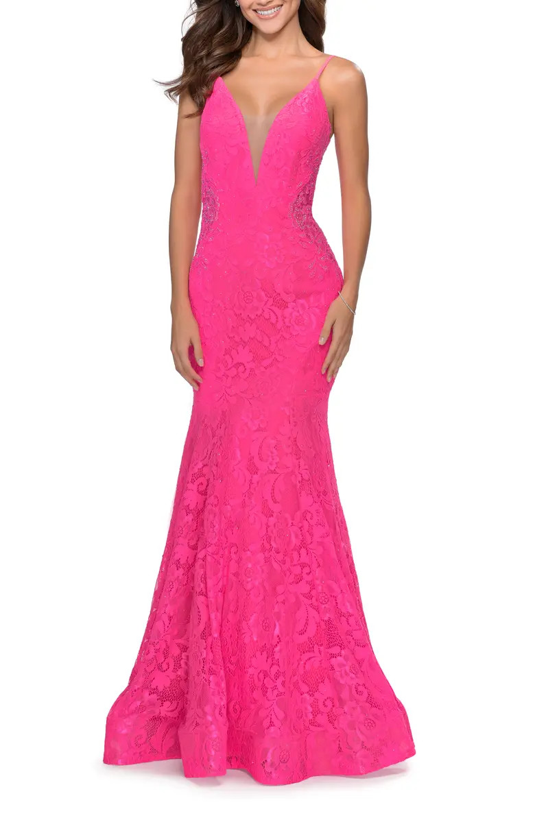 Long Mermaid Lace Dress with Back Rhinestone Detail | Nordstrom