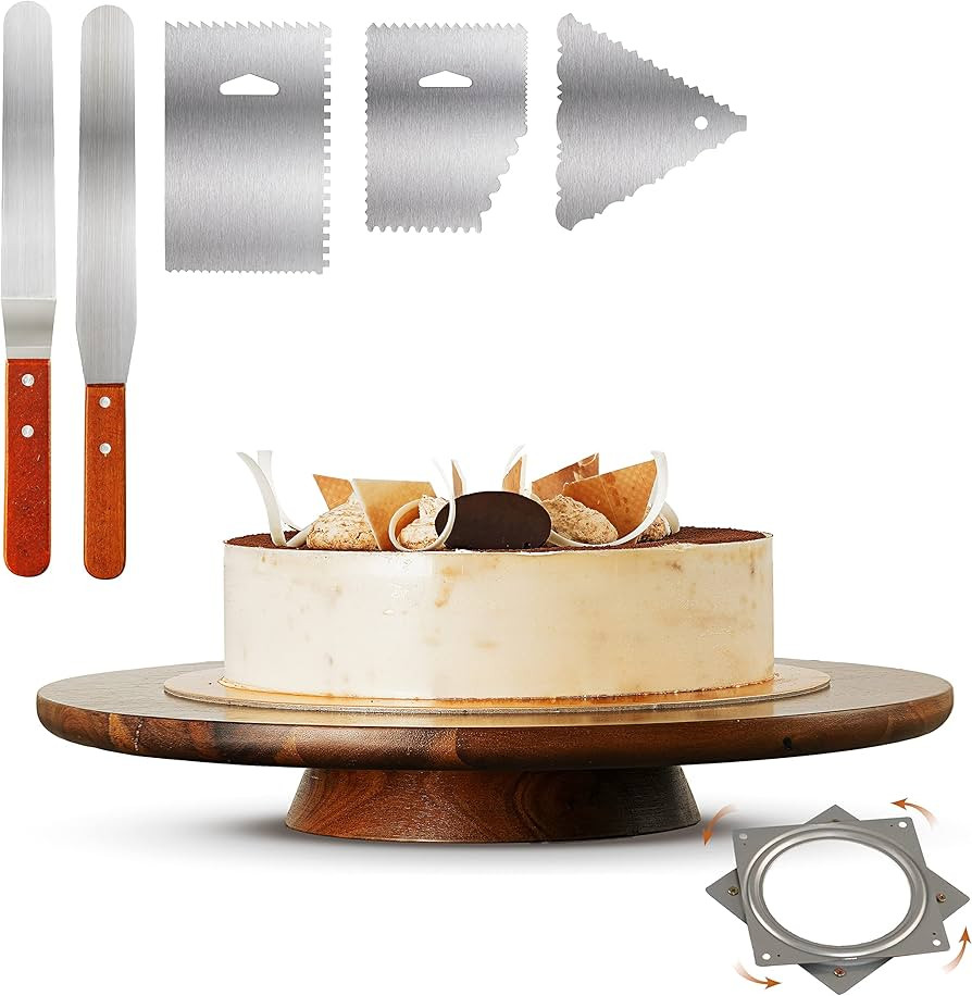 13" Acacia Cake Stand Rotating – Rustic Cake Stand Set Turntable with 2 Icing Spatulas, 3 Smoot... | Amazon (US)