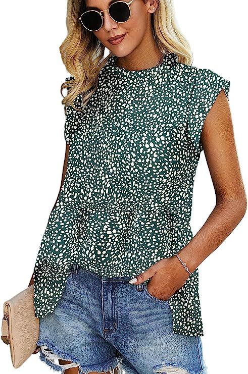 Angashion Women's Tops Casual Floral Print Cap Sleeve Ruffle Neck Loose Babydoll Shirt Blouse Tun... | Amazon (US)