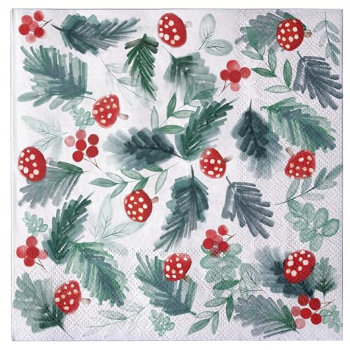 LeZakaa 50Pcs Christmas Paper Napkins - Red Mushroom and Holly Design 3 Ply Disposable Paper Cocktail Napkin Party Table Decoration for Christmas, Holiday - 6.5x6.5" Folded | Amazon (US)