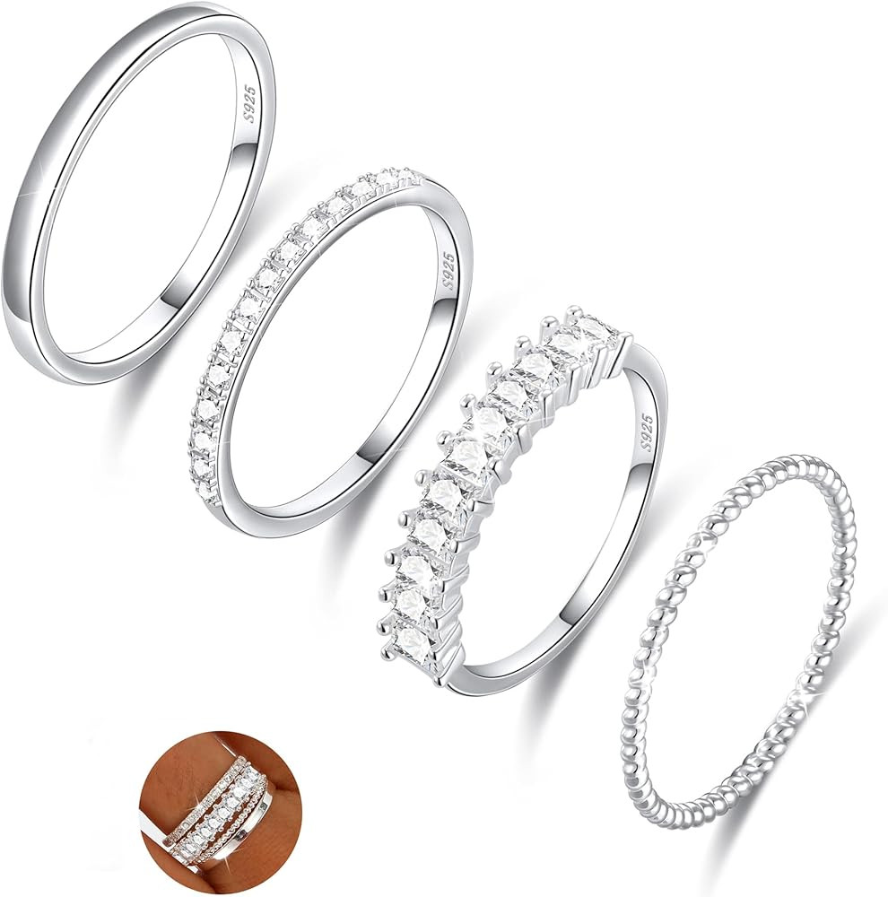 Diorra Sterling Silver Ring for Women, 4PCS Thin Stackable Rings Cubic Zirconia Thumb Ring Set En... | Amazon (US)